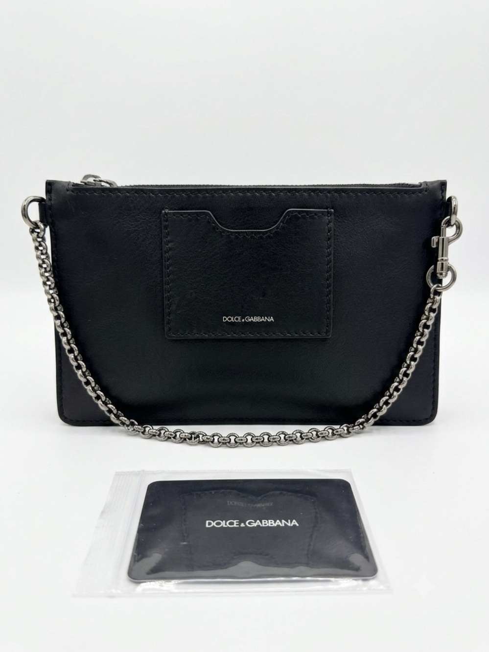Like New Dolce & Gabbana Black Leather wrislet/ mini pochette with Silver Chain